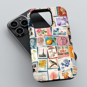 May include: A phone case featuring a collage of vintage postage stamps with images of flowers, a lighthouse, a mushroom, a castle, and a wave. The stamps are in various colours, including red, blue, green, and yellow.