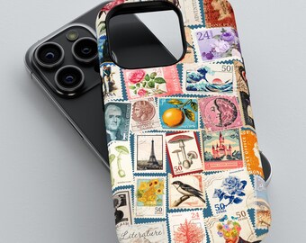 Vintage Stamp Collage Floral Phone Case, 3D Tough Cover for iPhone 12 13/14/15/16 (Pro/Pro Max), Galaxy S24/S25, Pixel 9/8/7