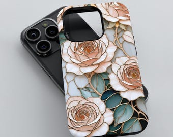 Stained Glass Roses Phone Case, 3D Tough Cover for iPhone 12 13/14/15/16 (Pro/Pro Max), Galaxy S24/S25, Pixel 9/8/7, Elegant Design