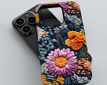 Flower Embroidery Phone Case, 3D Tough Cover for iPhone 12 13/14/15/16 (Pro/Pro Max), Galaxy S24/S25, Pixel 9/8/7, Floral Design