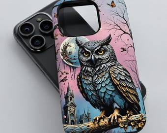 Owl Phone Case, 3D Tough Cover for iPhone 12 13/14/15/16 (Pro/Pro Max), Galaxy S24/S25, Pixel 9/8/7, Gothic Design