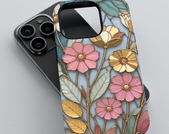 Stained Glass Floral Art Phone Case, 3D Tough Cover for iPhone 12/13/14/15/16 (Pro/Pro Max), Galaxy S24/S25, Pixel 7/8/9 | Elegant Flower