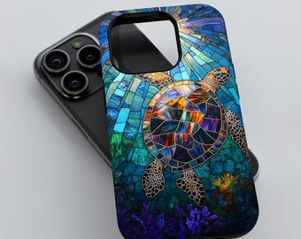 Stained Glass Sea Turtle Phone Case, 3D Ocean Tough Cover