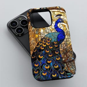 Stained Glass Peacock Phone Case, 3D Tough Cover for iPhone 12 13/14/15/16 (Pro/Pro Max), Galaxy S24/S25, Pixel 9/8/7