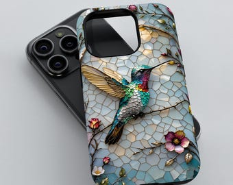 Stained Glass Artistic 3D Hummingbird Phone Case, 3D Tough Cover for iPhone 12 13/14/15/16 / 17 (Pro/Pro Max), Galaxy S24/S25, Pixel 9/8/7