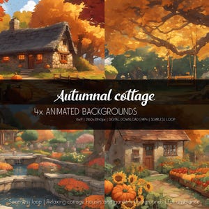 May include: Four animated backgrounds featuring a cozy cottage with a stone exterior and a thatched roof. The cottage is surrounded by lush greenery and colorful autumn leaves. The backgrounds are perfect for creating a relaxing and inviting atmosphere.