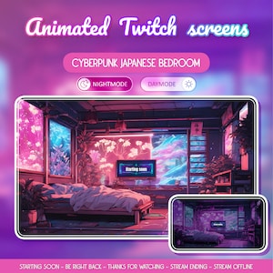 Könnte beinhalten: Animierter Twitch-Bildschirm mit einem Cyberpunk-Japanischen-Schlafzimmer-Thema. Der Bildschirm zeigt ein Schlafzimmer mit einem Bett, Pflanzen und Neonlichtern. Der Text "Starting soon" wird auf dem Bildschirm angezeigt.