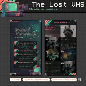 May include: Digital graphic design for Instagram stories, featuring a retro VHS theme. The design includes a weekly schedule layout with text, dates, and example stream titles. The color palette is dark with green and red accents.