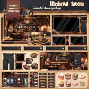 Peut inclure: Un pack de diffusion Twitch sur le thème d'une taverne médiévale avec des éléments animés. Le pack comprend un écran de démarrage, un programme de diffusion, une boîte de chat et une variété d'autres superpositions. Le pack est conçu pour aider les diffuseurs à créer une expérience plus immersive et engageante pour leurs téléspectateurs.