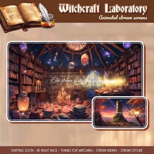 Może przedstawiać: Cyfrowa grafika animowanego ekranu Witchcraft Laboratory. Główny obraz przedstawia bibliotekę z półkami na książki, świecami i gwiaździstym sufitem. Widoczny jest tekst "The stream is starting soon". Dodatkowe elementy to książki, pióro i atrament.