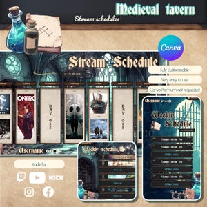 May include: A digital illustration of a medieval tavern-themed Twitch stream schedule template. The template features a dark blue and green color scheme with a medieval castle background. The schedule includes days of the week, times, and game titles. The text "Stream Schedule" is displayed in a large, bold font at the top of the template. The template is fully customizable and easy to use.