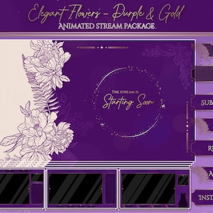 Hand-Drawn Purple Floral Twitch Overlay Pack: Gold Celestial Stream Package (Digital Download
