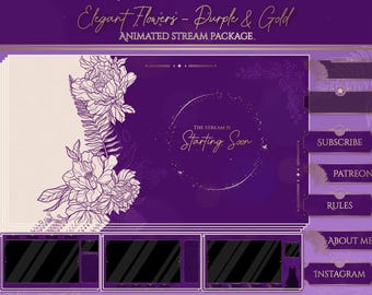 Hand-Drawn Purple Floral Twitch Overlay Pack: Gold Celestial Stream Package (Digital Download