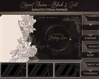 Floral Twitch Overlay Pack: Black & Gold Stream Package (No AI) Digital Download