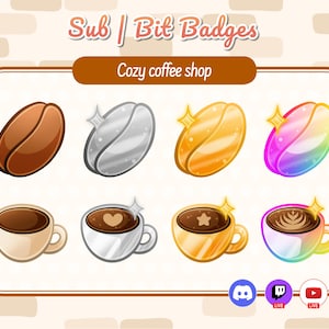 Puede incluir: Un conjunto de ocho insignias animadas de Twitch Sub y Bit con un tema de cafetería acogedora. Las insignias incluyen un grano de café marrón, un grano de café plateado, un grano de café dorado, un grano de café arcoíris, una taza de café marrón, una taza de café plateada, una taza de café dorada y una taza de café arcoíris.