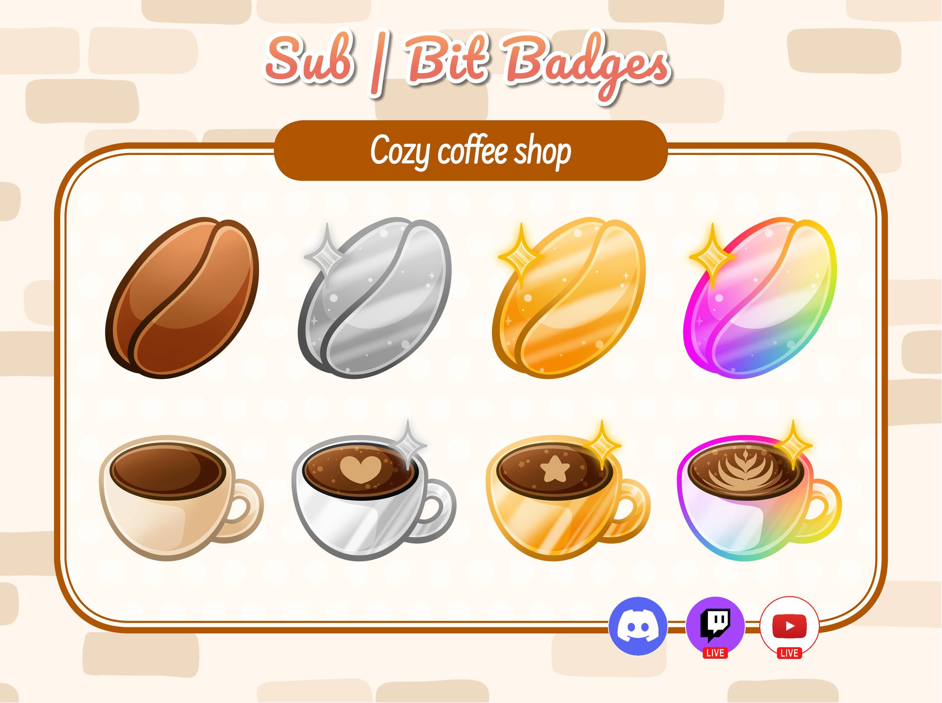 Cozy coffee shop Twitch badges. Vintage cafe Twitch channel points. coffee beans Twitch sub badges. Restaurant Twitch assets. Coffee cup