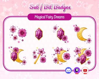 Różowe magiczne wróżki Dream Twitch odznaki: Kawaii kwiaty z kamieni szlachetnych (pobranie cyfrowe)