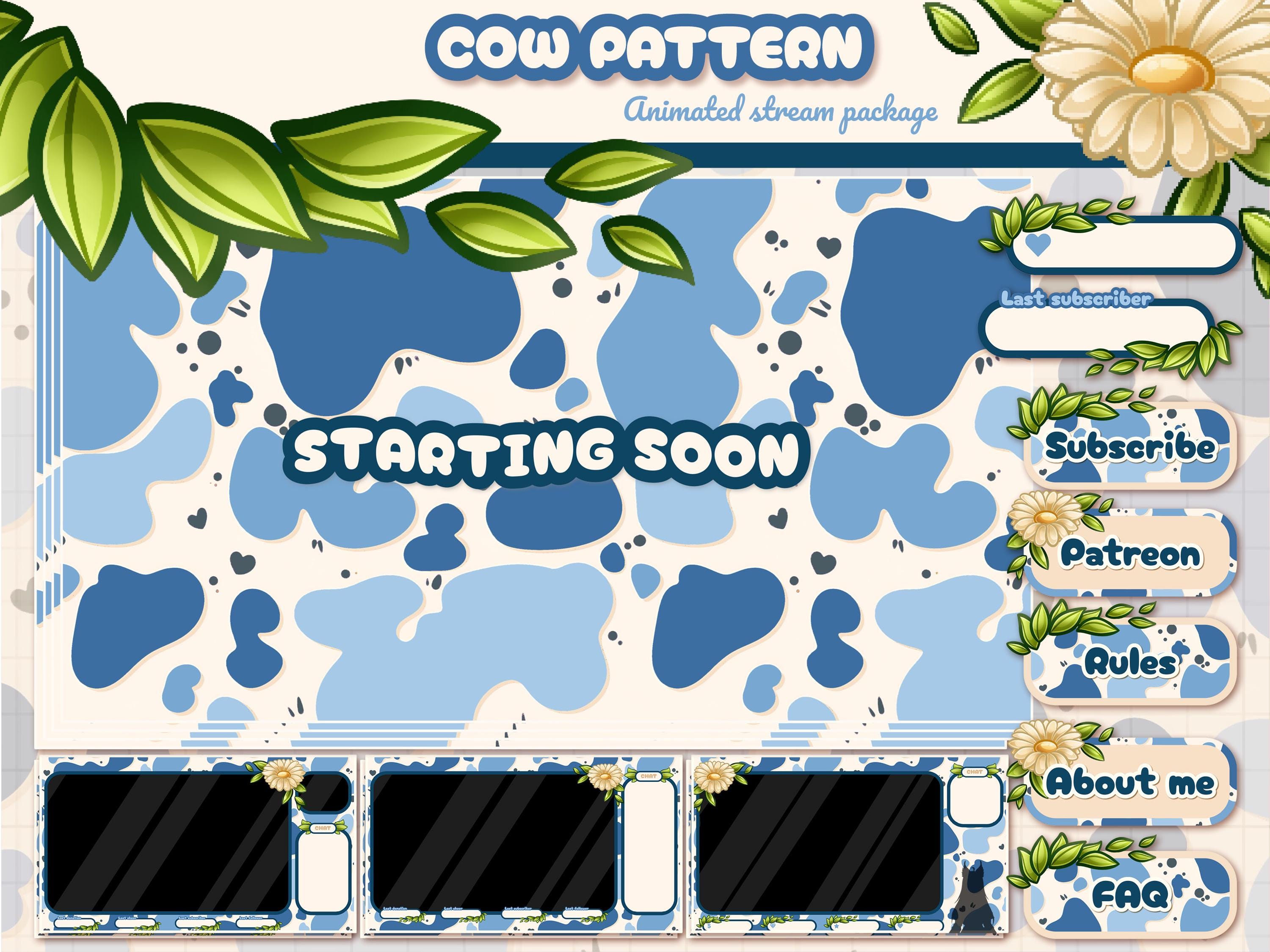 No AI Cute Cow Pattern Twitch Animated Overlay Pack. Pastel Blue Cow ...