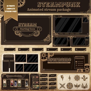 May include: Steampunk-themed animated stream package with a brown and tan color scheme. Includes overlays, chat boxes, and panels with gears and decorative elements. The text includes "ULTIMATE COMPLETE STREAM PACK" and "STREAM Starting Soon".