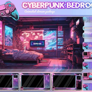 Cyberpunk Japanese House Twitch Stream-pakket: neon Vtuber-overlay