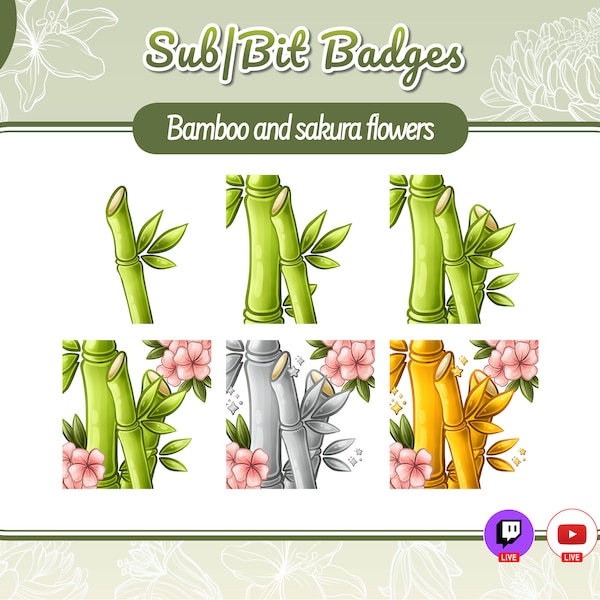 Badges bambous et pétales de sakura | Fleurs de cerisier | Sous-badges Kawaii rose pastel | Emotes Twitch | Sous-badges Twitch. Actifs Twitch