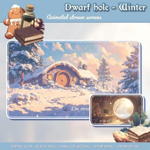 May include: A wintery scene with a small stone house with a round door. The house is covered in snow and surrounded by trees. The text "Dwarf hole - Winter" is at the top of the image. The text "The stream" is at the bottom of the image.