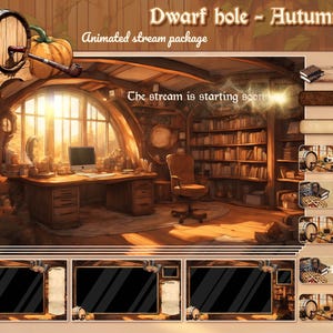 Puede incluir: Una ilustración digital de una acogedora habitación con paneles de madera y una gran ventana con vistas a un bosque de otoño. La habitación cuenta con un escritorio, una silla y una estantería llena de libros. El texto "Dwarf hole - Autumn" y "Animated stream package" se muestra en la parte superior de la imagen. El texto "The stream is starting soon" se muestra en el centro de la imagen. La imagen está diseñada para ser utilizada como una superposición de transmisión de Twitch.