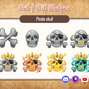 May include: A set of nine digital badges featuring a pirate skull design. The badges are in different colors and styles, including a gray skull with crossed bones, a gold skull with a crown, and a teal skull with a crown. The badges are designed for use on Twitch, YouTube, and Discord.