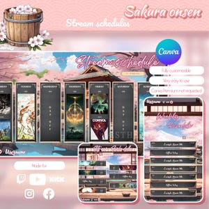 Peut inclure: Un modèle numérique pour un planning de diffusion hebdomadaire avec un fond de fleurs de cerisier rose et blanc. Le modèle présente un design d'inspiration japonaise avec une pagode et une montagne. Le texte "Sakura onsen" et "Stream schedules" est en haut du modèle. Le modèle est personnalisable et facile à utiliser. Le texte "Canva Premium not requested" est en bas du modèle.