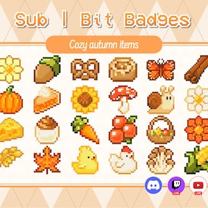 May include: Pixel art collection of autumn-themed items, including a pumpkin, slice of pie, sunflower, mushroom, snail, and more. The text "Cozy autumn items" is displayed above the images. The image also includes the text "Sub | Bit Badges".