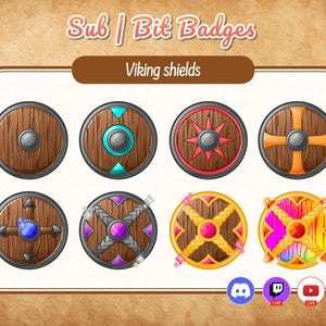May include: A set of nine digital badges featuring Viking shields in various colours and designs. The badges are labelled "Sub | Bit Badges" and "Viking shields".
