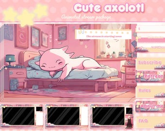 Puede incluir: Un ajolote rosa y blanco duerme en una cama en una habitación rosa. El texto "Cute axolotl" y "Animated stream package" está en la parte superior de la imagen. El texto "The stream is starting soon" está en un cuadro rosa en el medio de la imagen. Hay varios botones rosas en el lado derecho de la imagen con texto como "Subscribe", "Patreon", "Rules", "About me" y "FAQ".