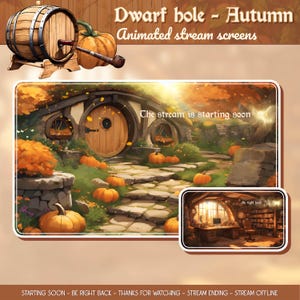 May include: A digital illustration of a cozy autumnal dwarf home with a stone path leading to the entrance. The home has a round wooden door and is surrounded by pumpkins and fall foliage. The text "The stream is starting soon" is displayed above the home.