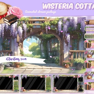 Może przedstawiać: Animowany pakiet streamingu dla Twitcha lub YouTube w uroczym stylu wiejskiego domku. Tło przedstawia kamienny łuk pokryty fioletowymi kwiatami glicynia, z lewej strony znajduje się słomkowy kapelusz i książki. Pakiet zawiera ekran startowy, okno czatu i kilka przycisków do subskrybowania, śledzenia i innych funkcji.