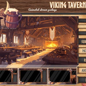 Pacote de sobreposição animada Twitch da taverna Viking de D&D. Sobreposição de transmissão de Dungeon and Dragons, pacote de transmissão de RPG, alertas,... Sobreposição de viking de fantasia