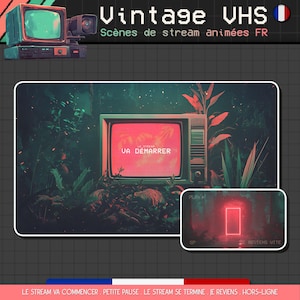 May include: A digital illustration featuring a vintage television with the text "VA DEMARRER" on the screen, set against a lush, dark green background. The image includes a smaller screen with a red doorway and the text "JE REVIENS VITE". The top of the image has the text "Vintage VHS".
