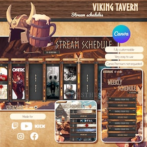 Peut inclure: Une illustration numérique d'un modèle de planning de diffusion pour une taverne viking. Le modèle présente un planning hebdomadaire avec une liste de jeux et un planning quotidien avec une liste de jeux et des heures. Le modèle est personnalisable et facile à utiliser. Le modèle est disponible sur Canva.