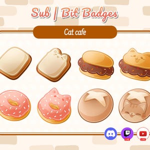 Peut inclure: Un ensemble de badges numériques intitulés Sub | Bit Badges et Cat cafe, présentant huit illustrations sur le thème de la nourriture, dont du pain de mie, des sandwichs, des beignets et des petits pains en forme de chat. Icônes en bas.