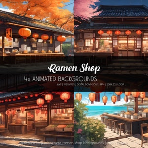 Puede incluir: Cuatro fondos animados que representan un restaurante japonés de ramen con faroles rojos. Los fondos incluyen una escena diurna con hojas de otoño, una escena nocturna con flores de cerezo, una escena de día lluvioso y una escena de playa.