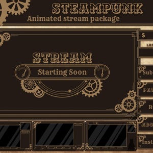 Puede incluir: Paquete de transmisión animada con temática Steampunk con un esquema de color marrón y beige. El diseño incluye engranajes, medidores y el texto "STEAM PUNK" y "STREAM Starting Soon". Incluye secciones para "Subscribe", "Patreon", "Rules", "About Me" e "Instagram".