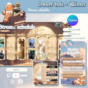 May include: A winter-themed stream schedule template with a gingerbread man, a snowy forest scene, and a weekly schedule layout. The template is customizable and easy to use. It includes a section for streaming planning and a weekly schedule with space for stream titles and dates.