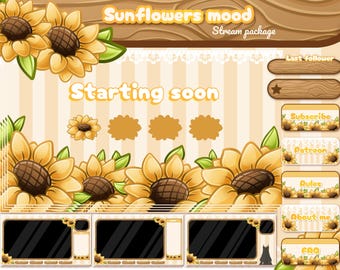 No AI Cute sunflower twitch overlay pack. Dandelion stream package, yellow flower stream overlay, alerts bio panels... Sunflower overlay