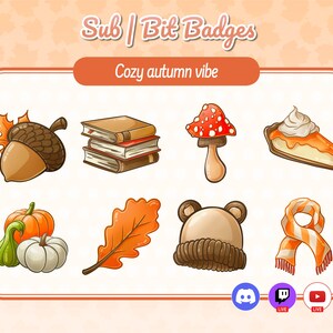Puede incluir: Un conjunto de insignias digitales con temática otoñal, que incluyen una bellota, libros, una seta, tarta de calabaza, calabazas, una hoja, un gorro de oso y una bufanda. El texto "Cozy autumn vibe" se muestra.