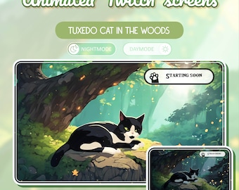 Tuxedo Cat Animated Twitch Stream Screens: Day/Night (Digital Download)