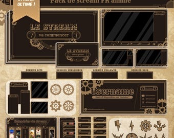 Minimalist Steampunk Victorian Animated Full Twitch Stream Package FRENCH : Flat Industrial Art Deco Overlay FR