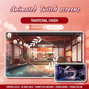 Japanese onsen streaming background. Japan stream screen, stream overlay, twitch background. Vtuber background hot springs. Ending screen