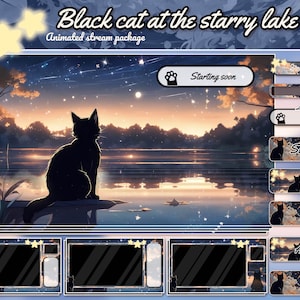 星空の湖の黒猫のTwitchアニメーションオーバーレイパック。Twitchパネル、ストリームオーバーレイ、vtuber背景、ストリームパッケージ、Twitchアラート