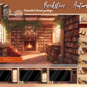 Puede incluir: Ilustración digital de un acogedor interior de librería con estanterías, una chimenea y un sillón. La imagen tiene una paleta de colores cálidos otoñales e incluye el texto "Bookstore - Autumn" y "Animated stream package".