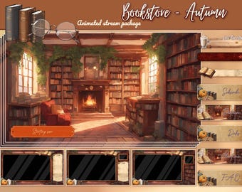 Cozy Autumn Bookstore Animated Twitch Overlay Package (Digital Download)