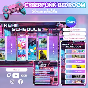 Könnte beinhalten: Eine Cyberpunk-Designvorlage für einen wöchentlichen Stream-Zeitplan. Die Vorlage verfügt über ein neonrosa und blaues Farbschema mit einem futuristischen Stadtbild im Hintergrund. Der Text "Cyberpunk Bedroom" und "Stream Schedules" wird oben auf der Vorlage angezeigt. Die Vorlage enthält einen Wochenplan mit Wochentagen und Zeitfenstern für jeden Tag. Die Vorlage enthält auch einen Bereich für einen Benutzernamen und einen Bereich für einen Wochenplan mit Spieltiteln und Stream-Titeln.